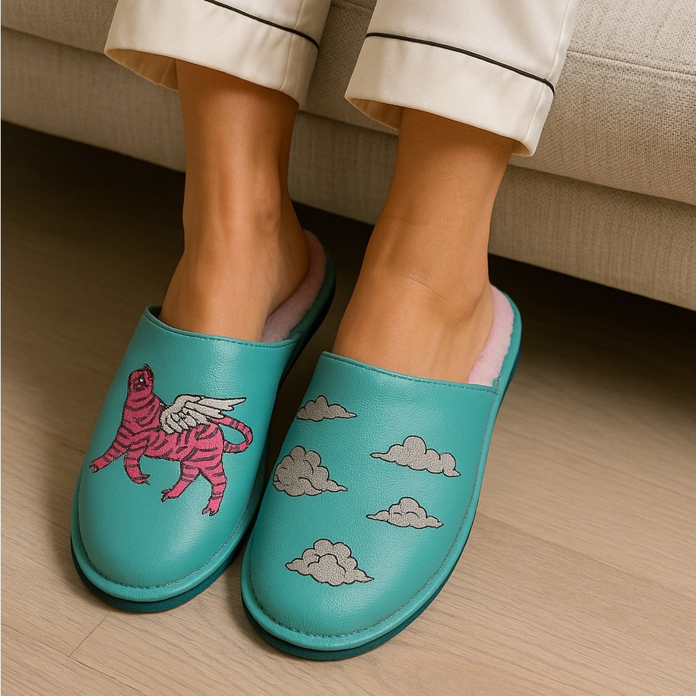 Min & Mon Teal Leather Slippers with Pink Winged Tiger and Gray Clouds